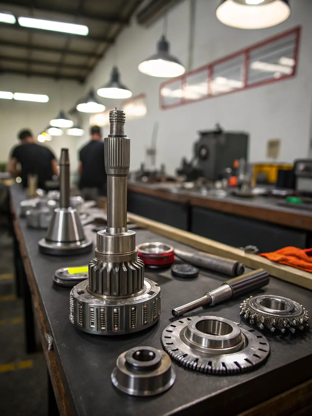 An image of complex machined parts used in robotics applications, showcasing the intricate designs and high precision required for automation and robotics, with a state-of-the-art robotics lab in the background.