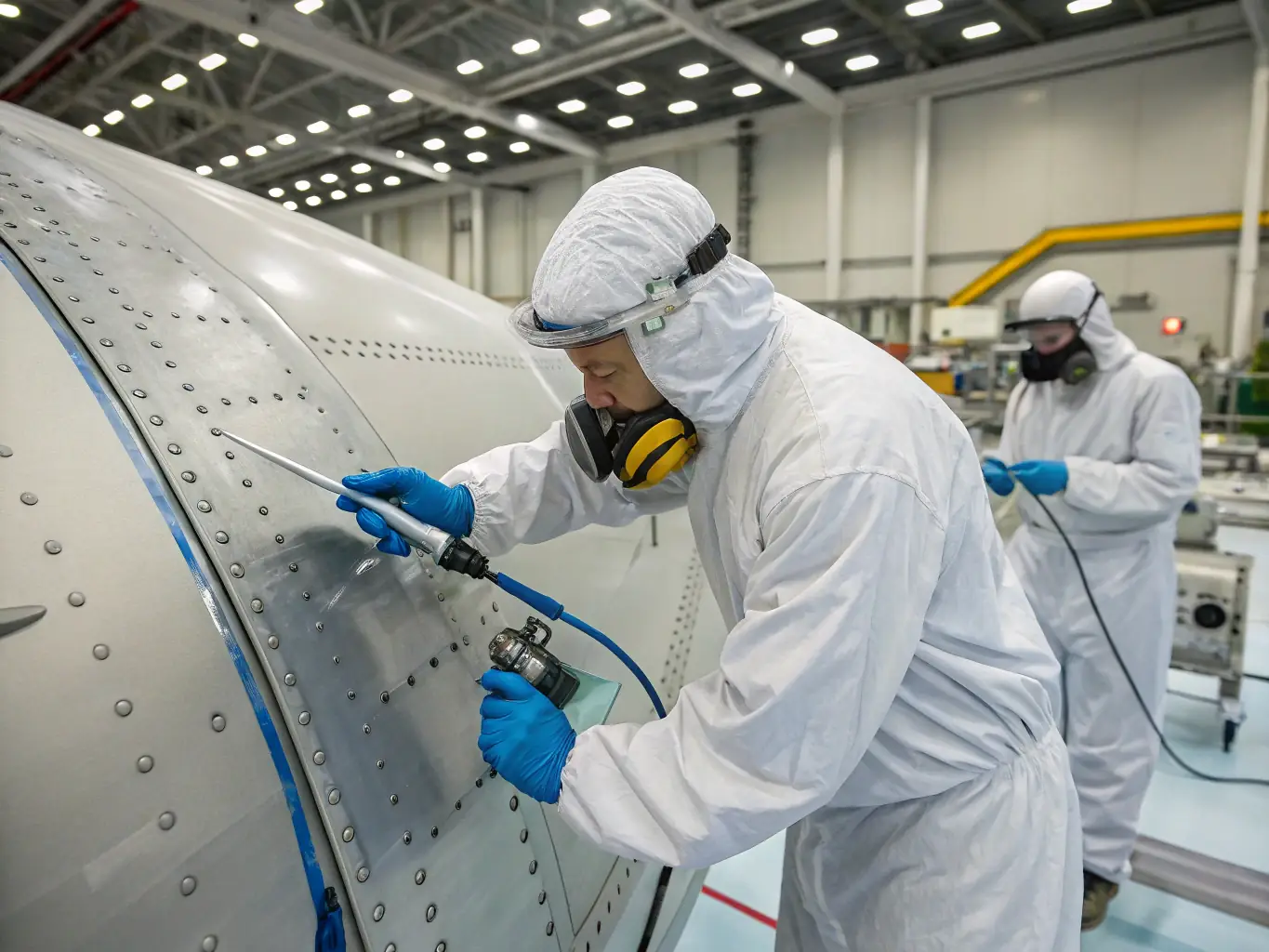 A high-resolution image of a titanium part undergoing a specialized coating process, showing the advanced technology and precision involved. The backdrop features the controlled environment of the coating facility.
