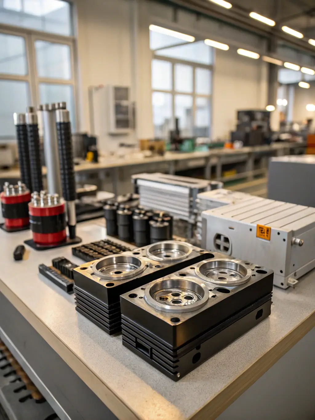 A photograph of precision-machined electronics enclosures, emphasizing the combination of functionality and aesthetic design, with a modern electronics assembly plant visible in the background.