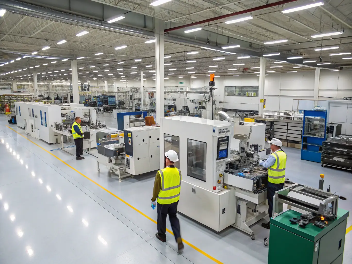 A wide shot of 4U Manufacturing's facility, showcasing the range of equipment and capabilities available for custom precision machining. The image includes various machines, workbenches, and quality control stations, highlighting the company's comprehensive approach to manufacturing.