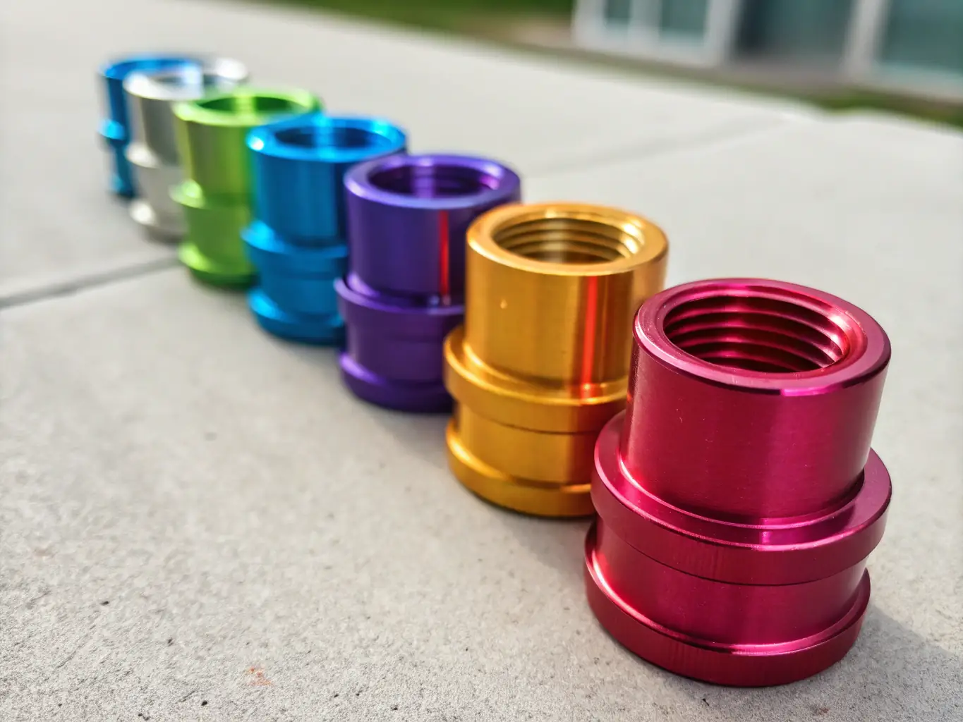 A close-up shot of a CNC machined aluminum part undergoing anodization, showcasing the vibrant color and smooth finish. The background includes the machinery and tools used in the anodizing process.