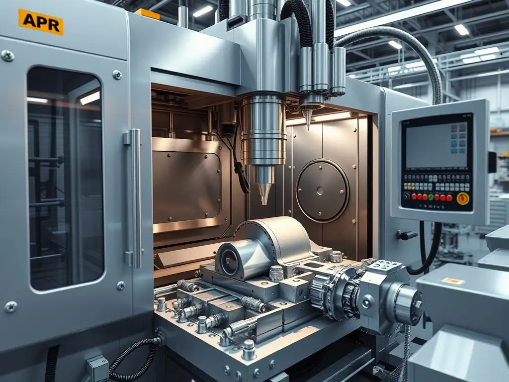 A high-angle, close-up shot of a 5-axis CNC machine in operation at 4U Manufacturing's facility, showcasing its intricate movements and precision cutting capabilities. The machine is surrounded by various metal parts and tools, highlighting the complexity and sophistication of the process.