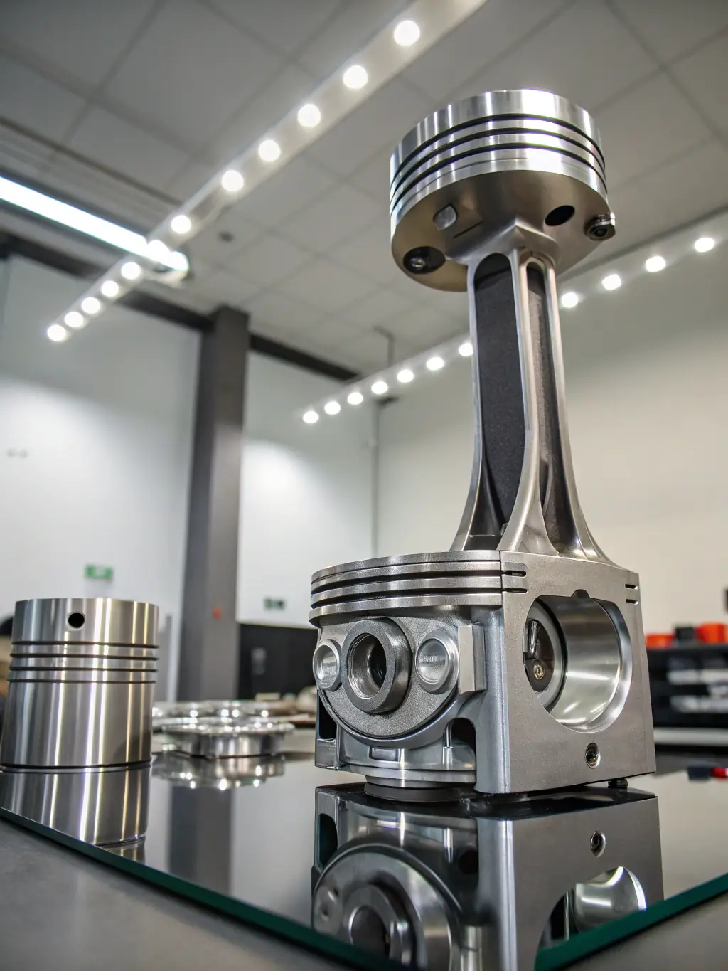 A close-up shot of precision-machined automotive parts, showcasing intricate details and high-quality finish, set against a blurred background of an automotive assembly line.