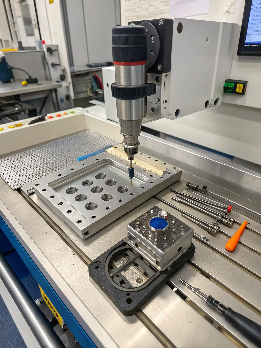 A detailed image of a CNC-machined medical device component, highlighting the tight tolerances and smooth surface finish required for medical applications, with a sterile environment in the backdrop.